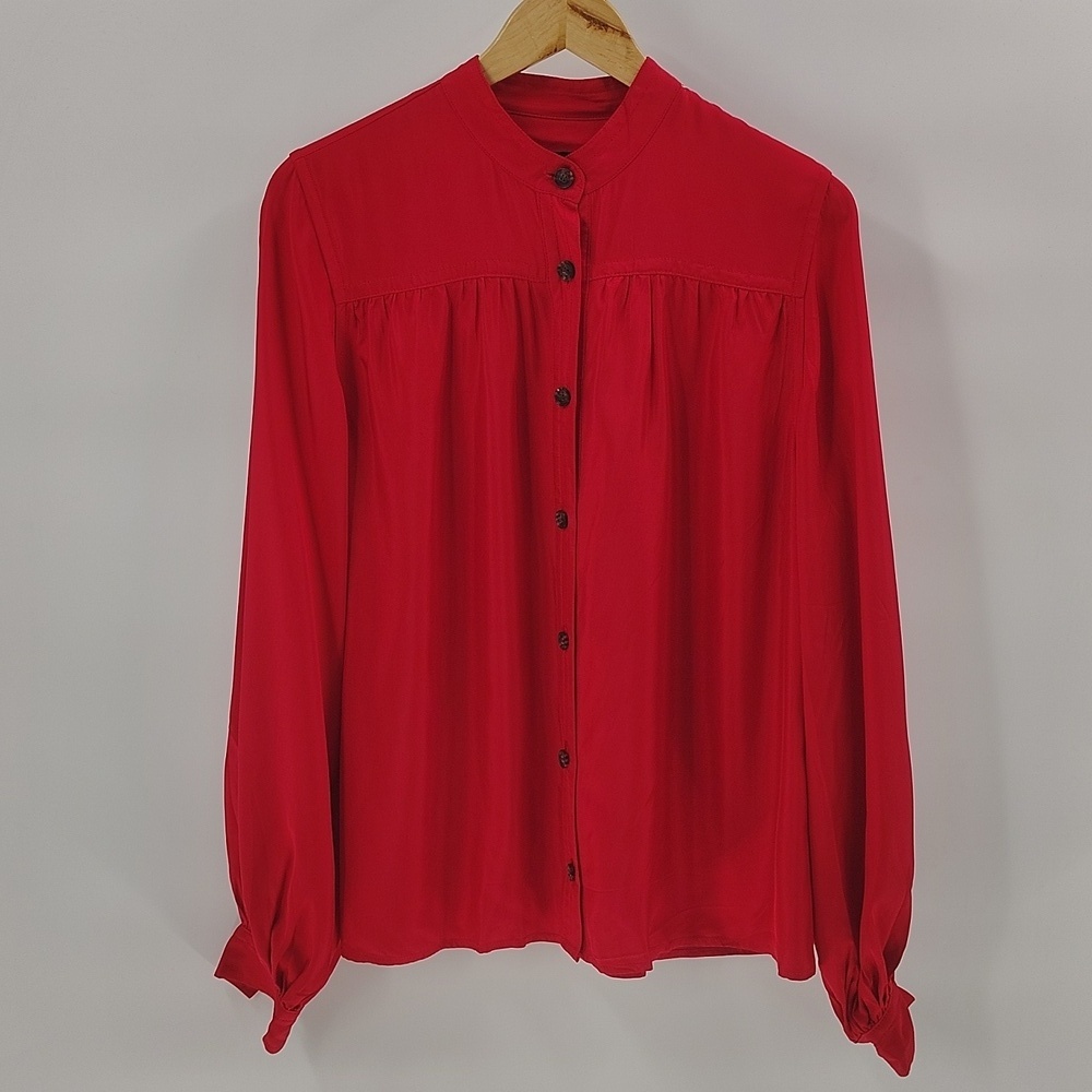 Banana Republic Blouse Small Tall Satin Red Button Up Mandarin Collar